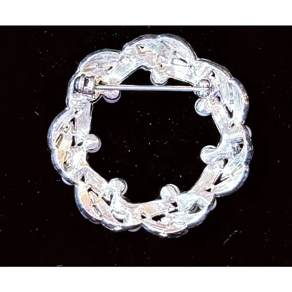 Vintage Silver-Tone Leaf Wreath Brooch with Faux Pearls | Mid-Century Circle Pin